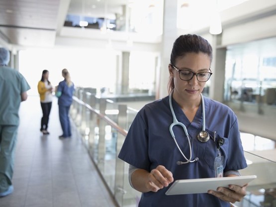 Healthcare worker in a medical building